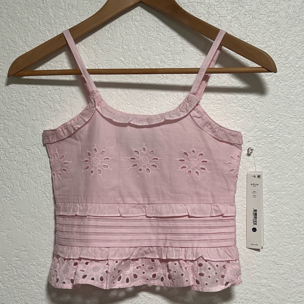 *Aqua Eyelet Ruffle Trim Crop Top Girls' M Pink Pullover Sleeveless Scoop Neck